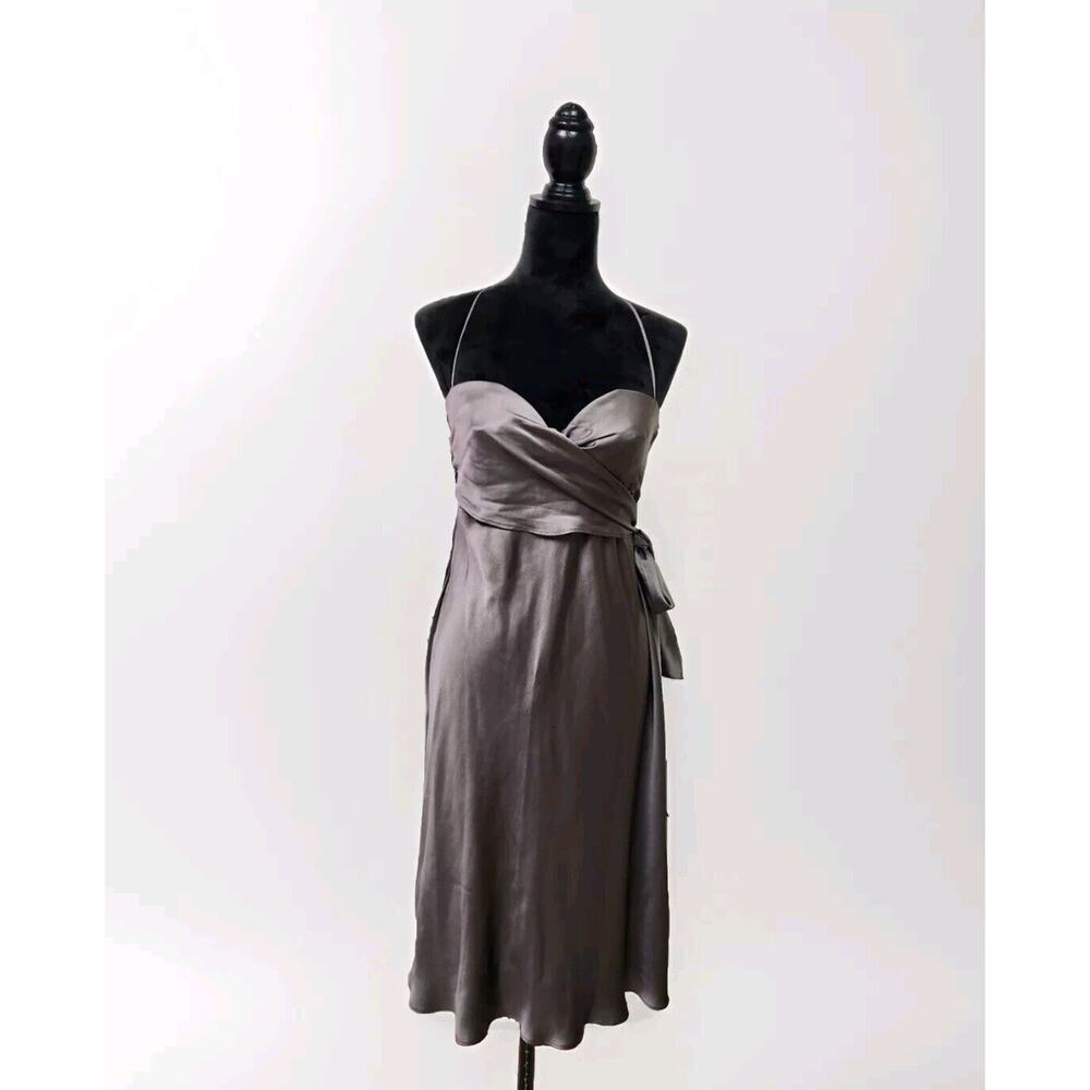 Alberta Ferretti Gray Anthracite Silk Cross Back With Tie Side Midi Dress 42